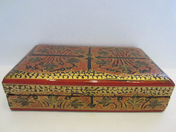 Paper Mache Red Lacquer Jewelry Box Hand Decorated Gold Accent