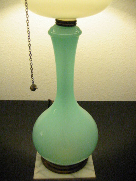 Blue Satin Milk Glass Kerosene Table Lamp Marble Base Drum Shade - Designer Unique Finds 