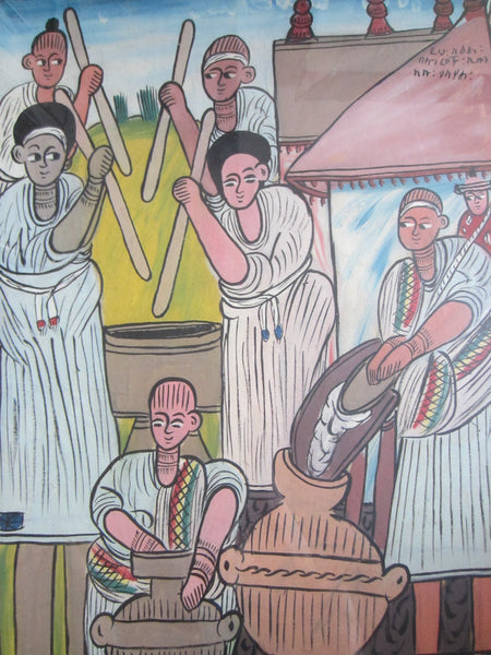 Folk Art Ethnic People At Work Signed Painting On Canvas