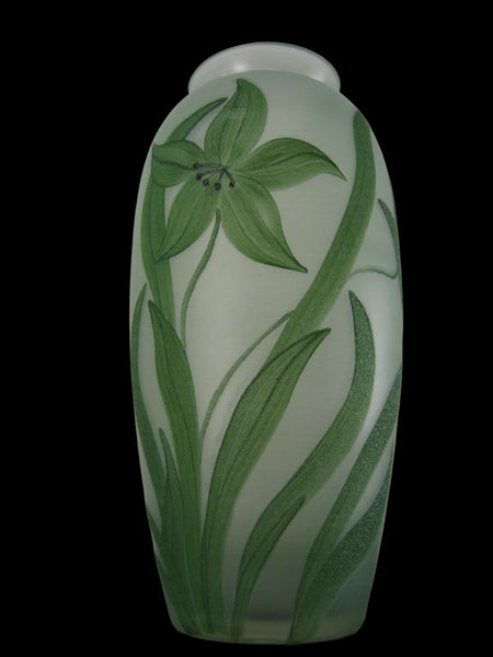 Flower Vase Green Translucent Glass Velvet Etched Decoration - Designer Unique Finds 
 - 3