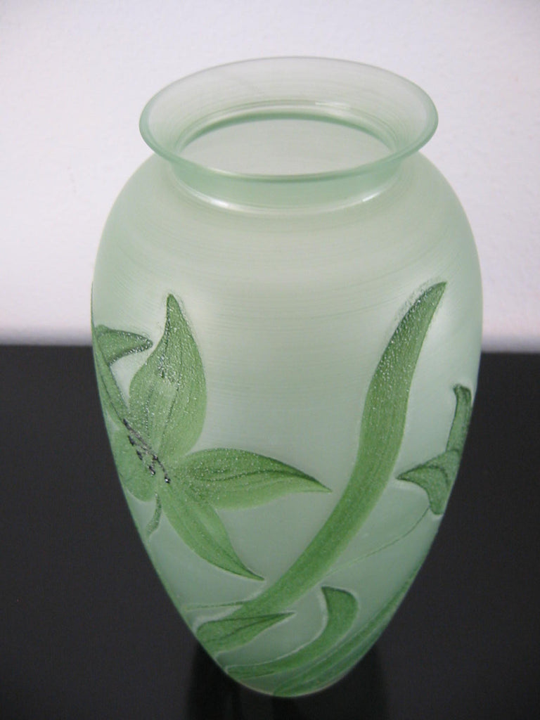 Green Silk Translucent Glass Vase Hand Decorated Velvet Black Flowers - Designer Unique Finds 