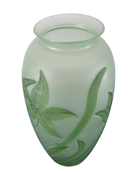 Green Silk Translucent Glass Vase Hand Decorated Velvet Black Flowers - Designer Unique Finds 