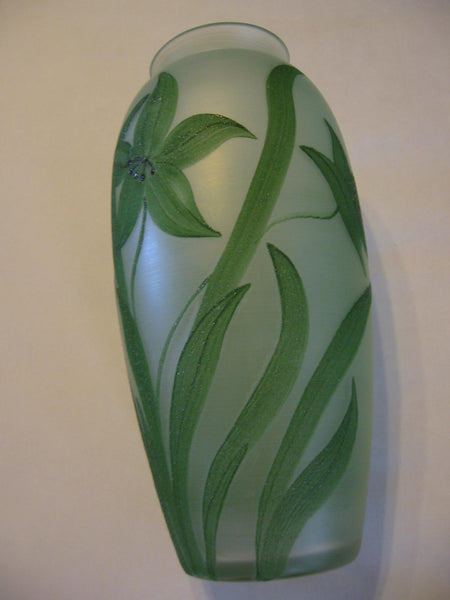 Flower Vase Green Translucent Glass Velvet Etched Decoration - Designer Unique Finds 
 - 5