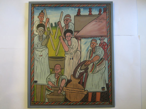 Folk Art Ethnic People At Work Signed Painting On Canvas