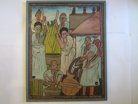 Ethiopian Folk Art Ethnic People At Work Signed Painting On Canvas  
