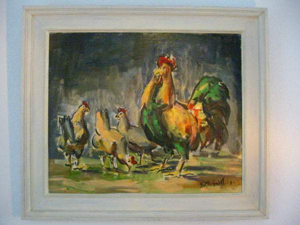 Mid Century Impressionist Roosters Outdoor Signed Oil on Panel - Designer Unique Finds 