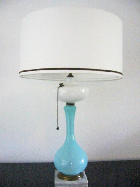 Blue Satin Milk Glass Kerosene Table Lamp Marble Base Drum Shade - Designer Unique Finds 