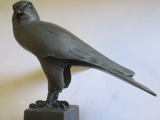 Monumental Bronze Sculpture Falcon On Black Stone Stand