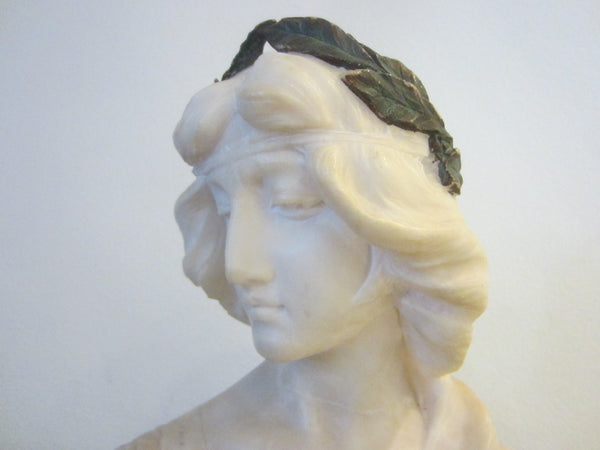 Antonio Frilli Alabster Portrait Bust On Marble Stand Olive Leaf Headband - Designer Unique Finds 