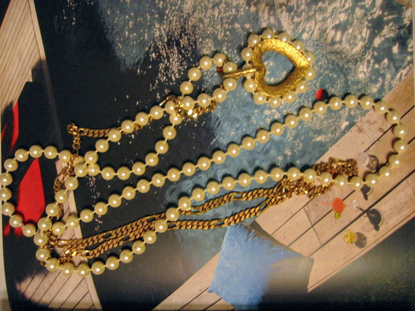 Hand Knotted Pearl Beads Strand Heart Pendant Upcycled Monet Chain