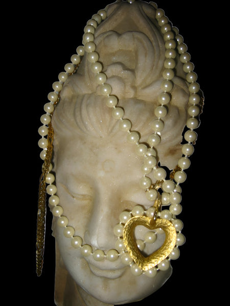 Hand Knotted Pearl Beads Strand Heart Pendant Upcycled Monet Chain