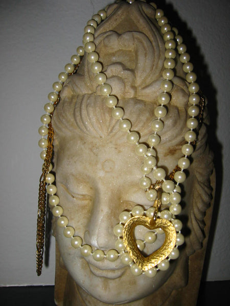 Hand Knotted Pearl Beads Strand Heart Pendant Upcycled Monet Chain