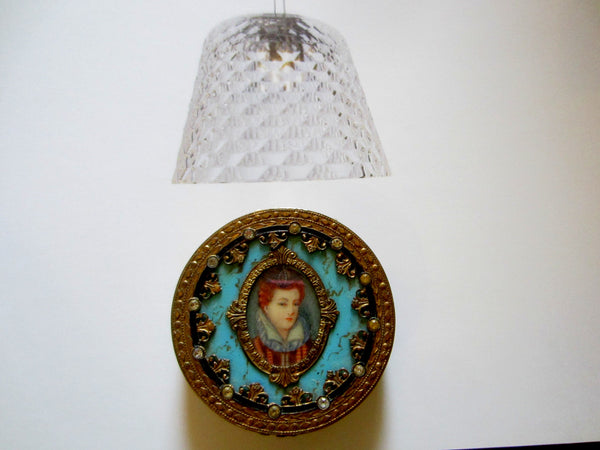 Victorian Champleve Italian Gilt Bronze Jeweled Portrait Compact - Designer Unique Finds 