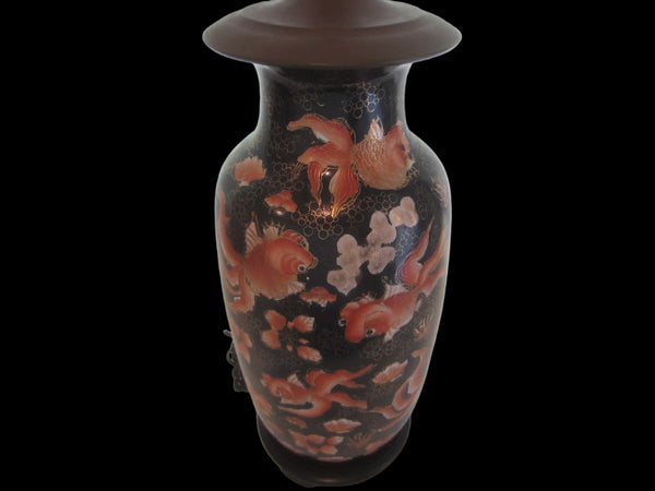 Chinese Koi Fish Baluster Porcelain Table Lamp On Oriental Base