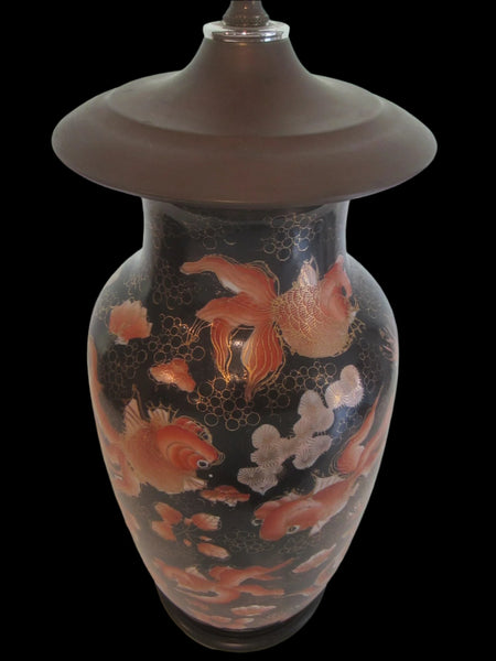 Chinese Koi Fish Baluster Porcelain Table Lamp On Oriental Base