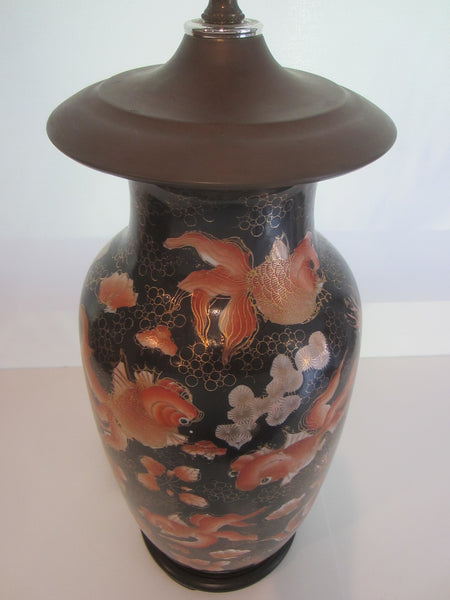 Chinese Koi Fish Baluster Porcelain Table Lamp On Oriental Base