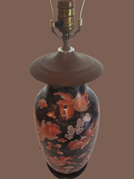 Chinese Koi Fish Baluster Porcelain Table Lamp On Oriental Base