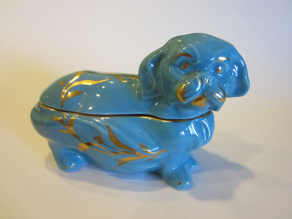 Papillon Blue Porcelain Lidded Dog Container Signifies Limoges of France Peint A La Main 