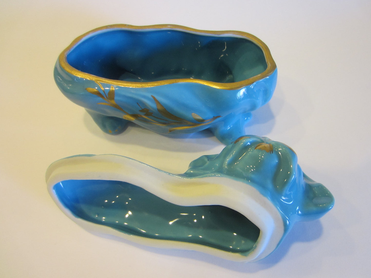 Papillon Blue Porcelain Lidded Dog Container Signifies Limoges France Peint A La Main