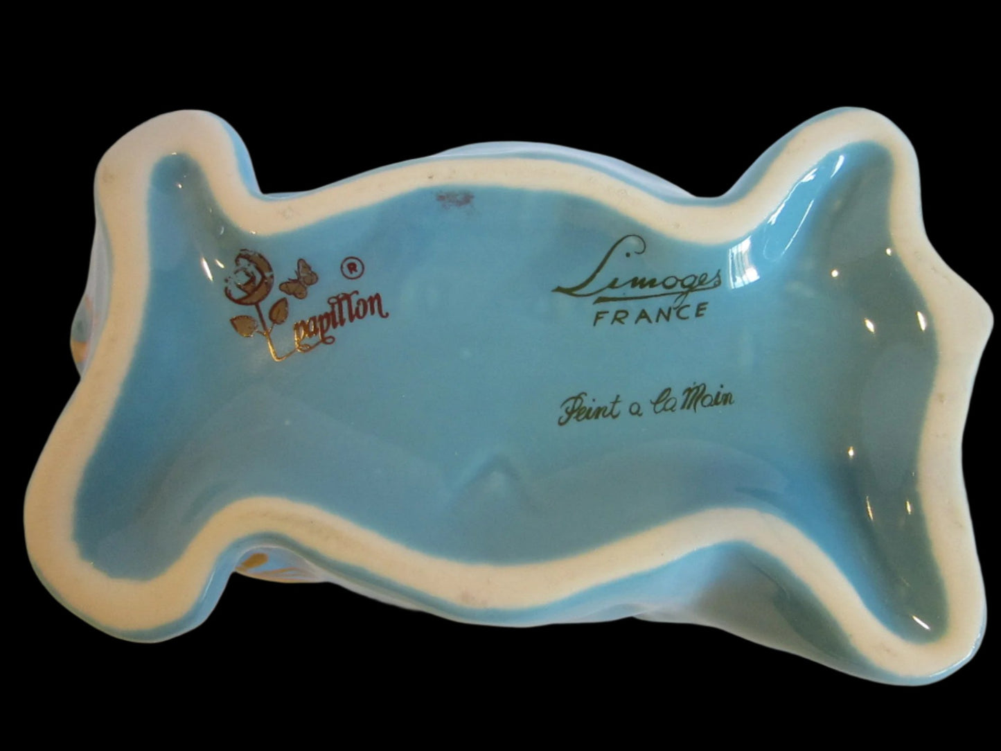 Papillon Blue Porcelain Lidded Dog Container Signifies Limoges France Peint A La Main