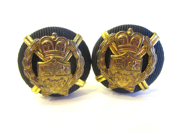 Earrings Clip On Brass Navy Textile Mid Century Coat of Arms Crested