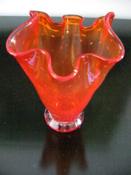 Amberina Handkerchief Blown Glass Vase Controlled Bubbles - Designer Unique Finds 