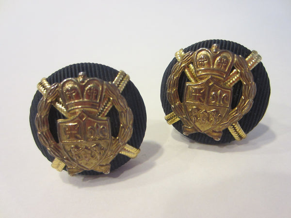 Earrings Clip On Brass Navy Textile Mid Century Coat of Arms Crested