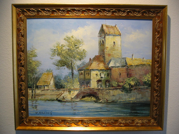 Xavier Rabous Impressionist Nautical Houseboat Signed Oil on Canvas