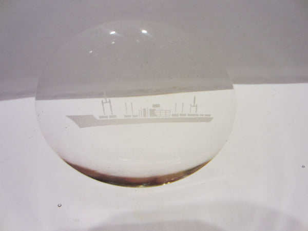Folk Art Glass Bowl Steamship Etched Medallion - Designer Unique Finds 
