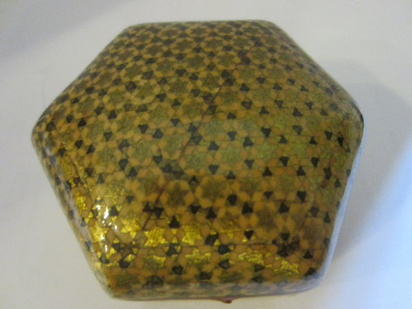 Miniature Khatamkari Hexagonal Inlaid Gilt Marquetry Jewelry Box - Designer Unique Finds 