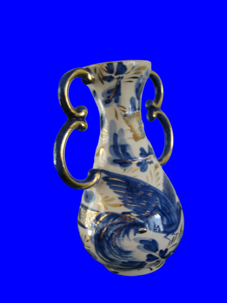 Botanical Blue Ceramic Vase Double Gilt Handles Tapered Neck Marked Belgium 321