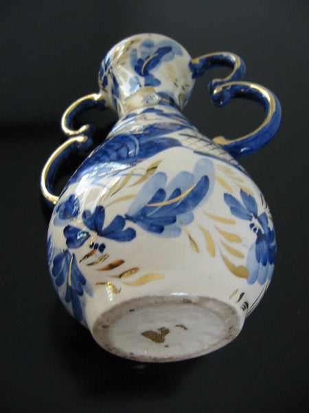 Botanical Blue Ceramic Vase Double Gilt Handles Tapered Neck Marked Belgium 321