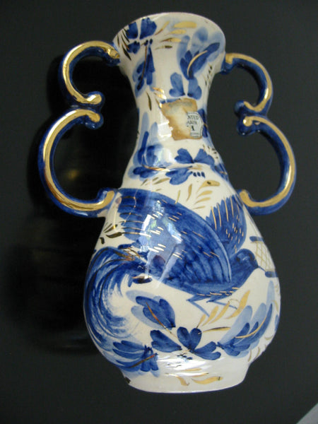 Ceramic Vase Gold Handles Blue Flowers Belgian Art Deco Tapered Neck - Designer Unique Finds 
 - 1