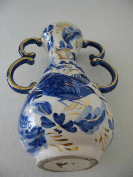 Ceramic Vase Gold Handles Blue Flowers Belgian Art Deco Tapered Neck - Designer Unique Finds 
 - 4
