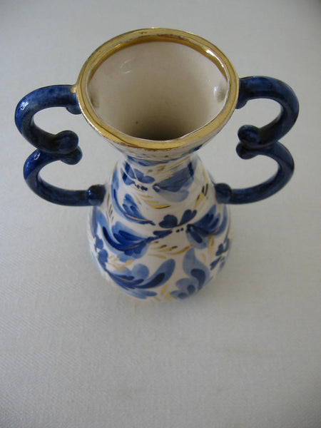 Ceramic Vase Gold Handles Blue Flowers Belgian Art Deco Tapered Neck - Designer Unique Finds 
 - 3