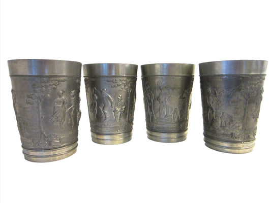 Four Pewter Tumblers Set The Hunters Joy Descriptive Made In Germany