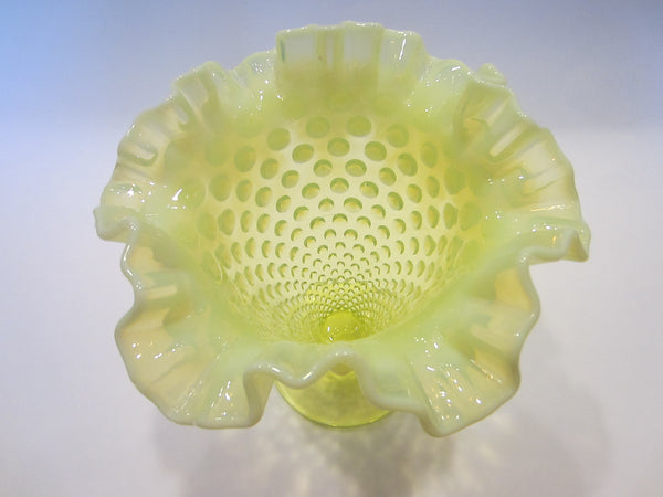 Fenton Topaz Glass Ruffle Vase Opalescent Translucent Crimped Trumpet Style