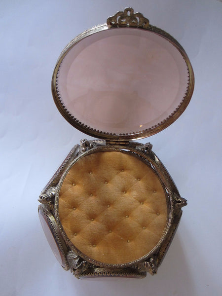 Ormolu Jewelry Box Amber Beveled Crystal Filigree Casket - Designer Unique Finds 