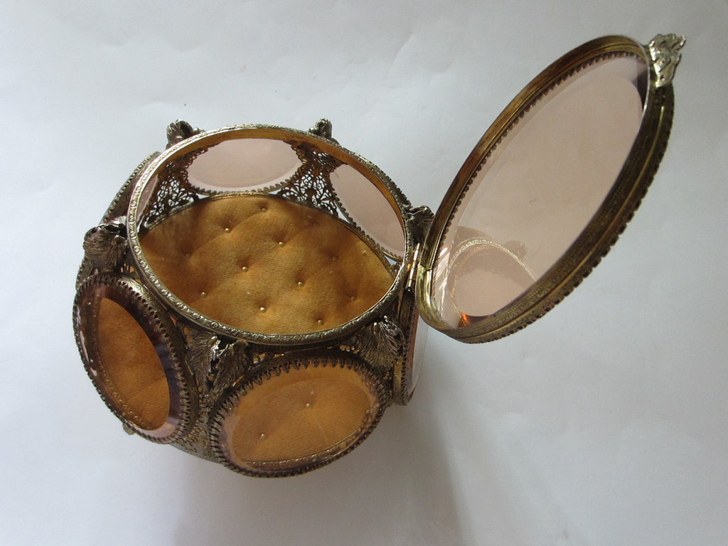Ormolu Jewelry Box Amber Beveled Crystal Filigree Casket - Designer Unique Finds 