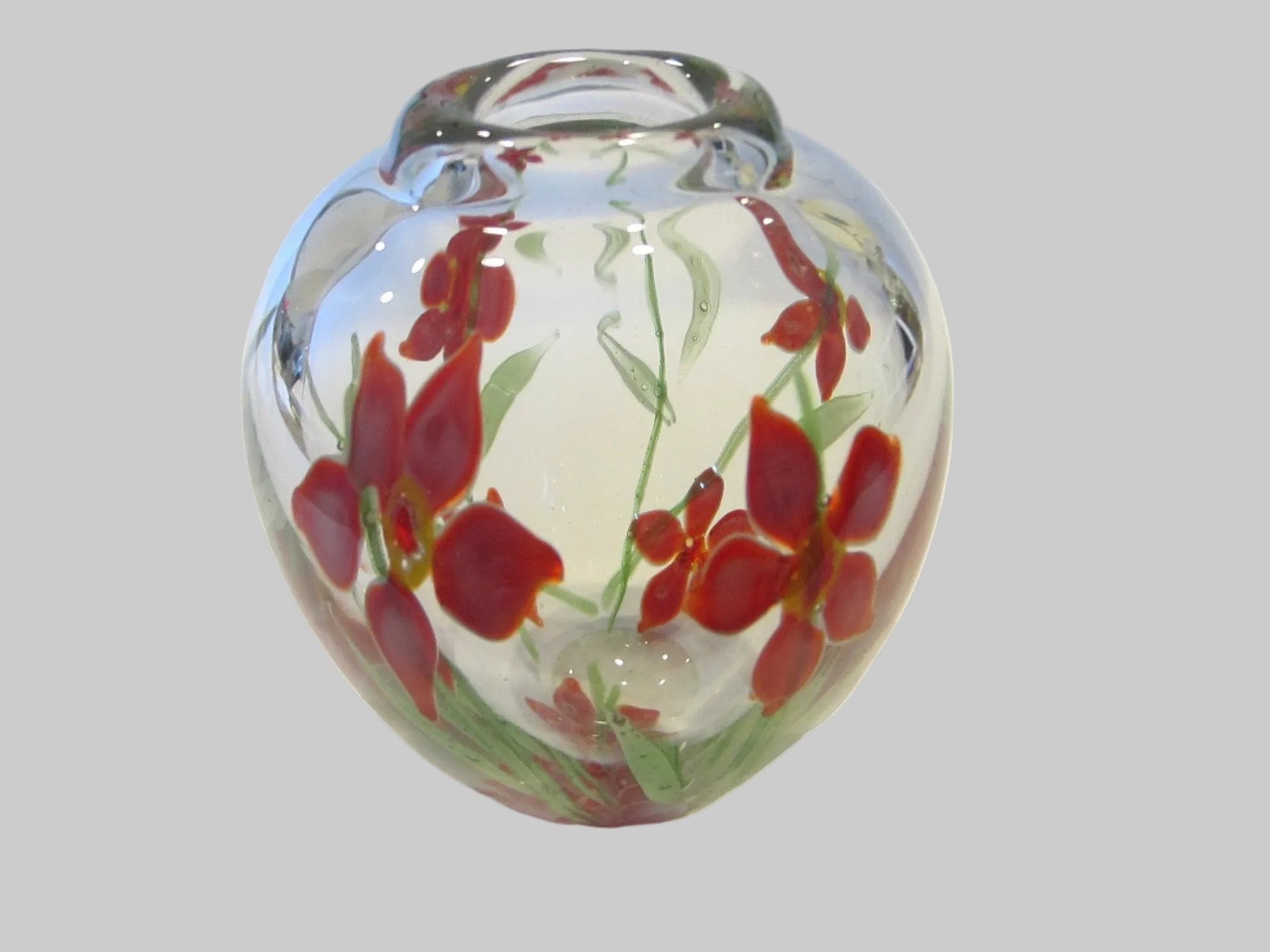 Blown Glass Blooming Flower Vase Hand Decorated Red Green Accent