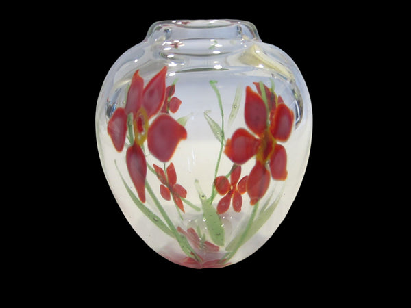 Blown Glass Blooming Flower Vase Hand Decorated Red Green Accent