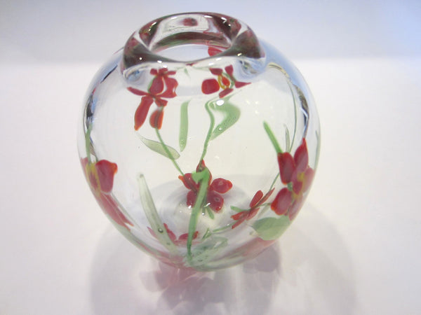 Blown Glass Blooming Flower Vase Hand Decorated Red Green Accent