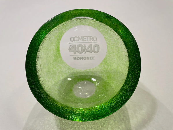 Green Hand Cut Glass Texturized Bowl Advertising For OC Metro