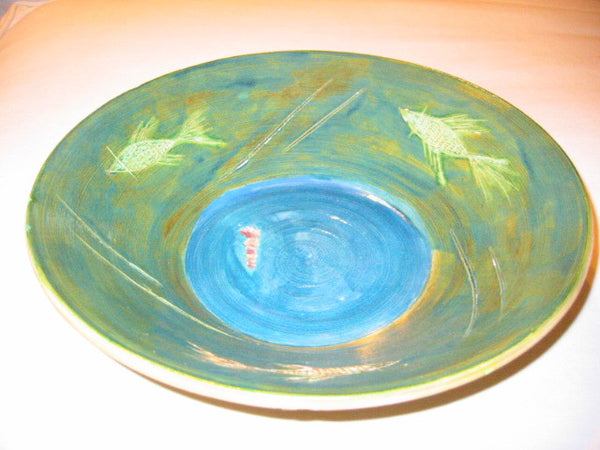Mary E Signed Green Ceramic Bowl Center Blue Decorated Carving Fishes - Designer Unique Finds 