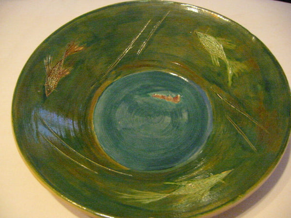 Mary E Green Ceramic Signature Bowl Center Blue Decorated Carving Fishes