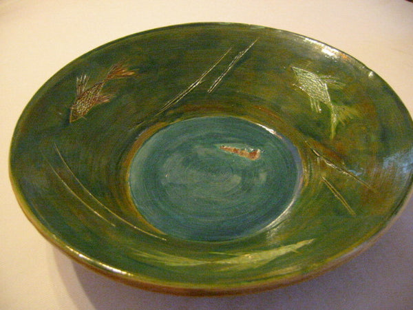 Mary E Signed Green Ceramic Bowl Center Blue Decorated Carving Fishes - Designer Unique Finds 
