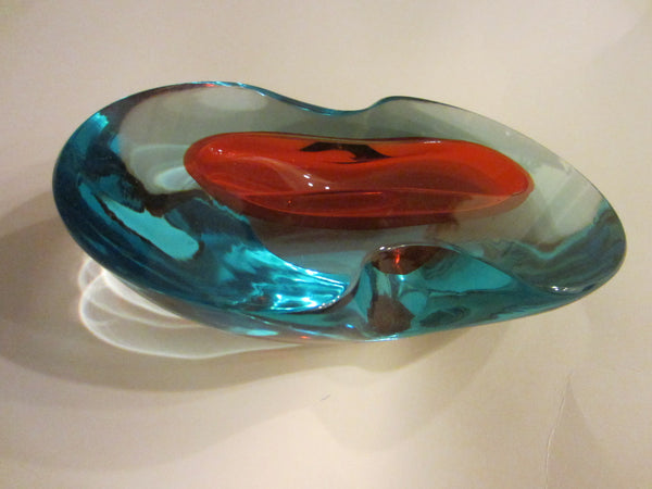 Murano Style Blue Art Glass Red Accent Decorative Oblong Dish - Designer Unique Finds 