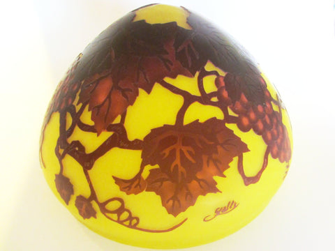 Galle Style Cameo Glass Yellow Lamp Shade Raised Burgundy Grapes - Designer Unique Finds 