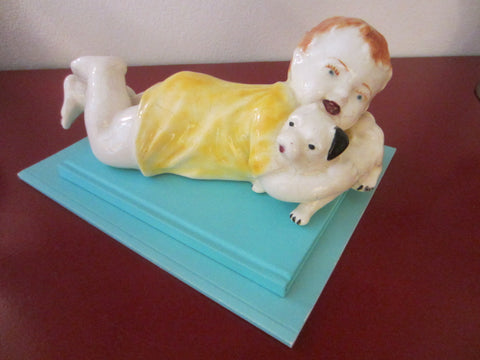 Red Hair Child White Dog Porcelain Piano Art Heubach Germany - Designer Unique Finds 