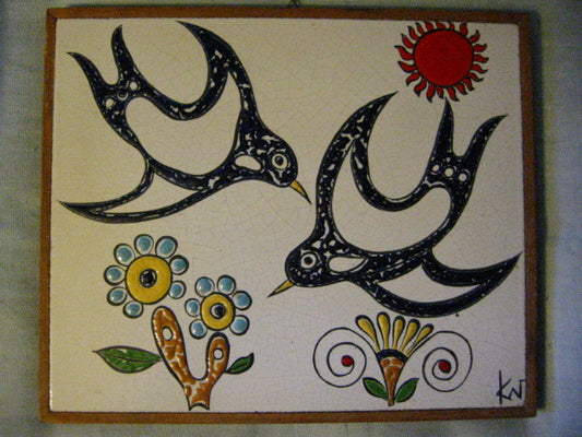 Porcelain Tile Art Monogram KN Hand Decorated Doves Flowers Sun - Designer Unique Finds 